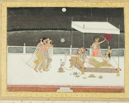 Seduction Scene on a Terrace by Moonlight by India
Possibly West Bengal, Murshidabad — archival fine-art print from Fable
