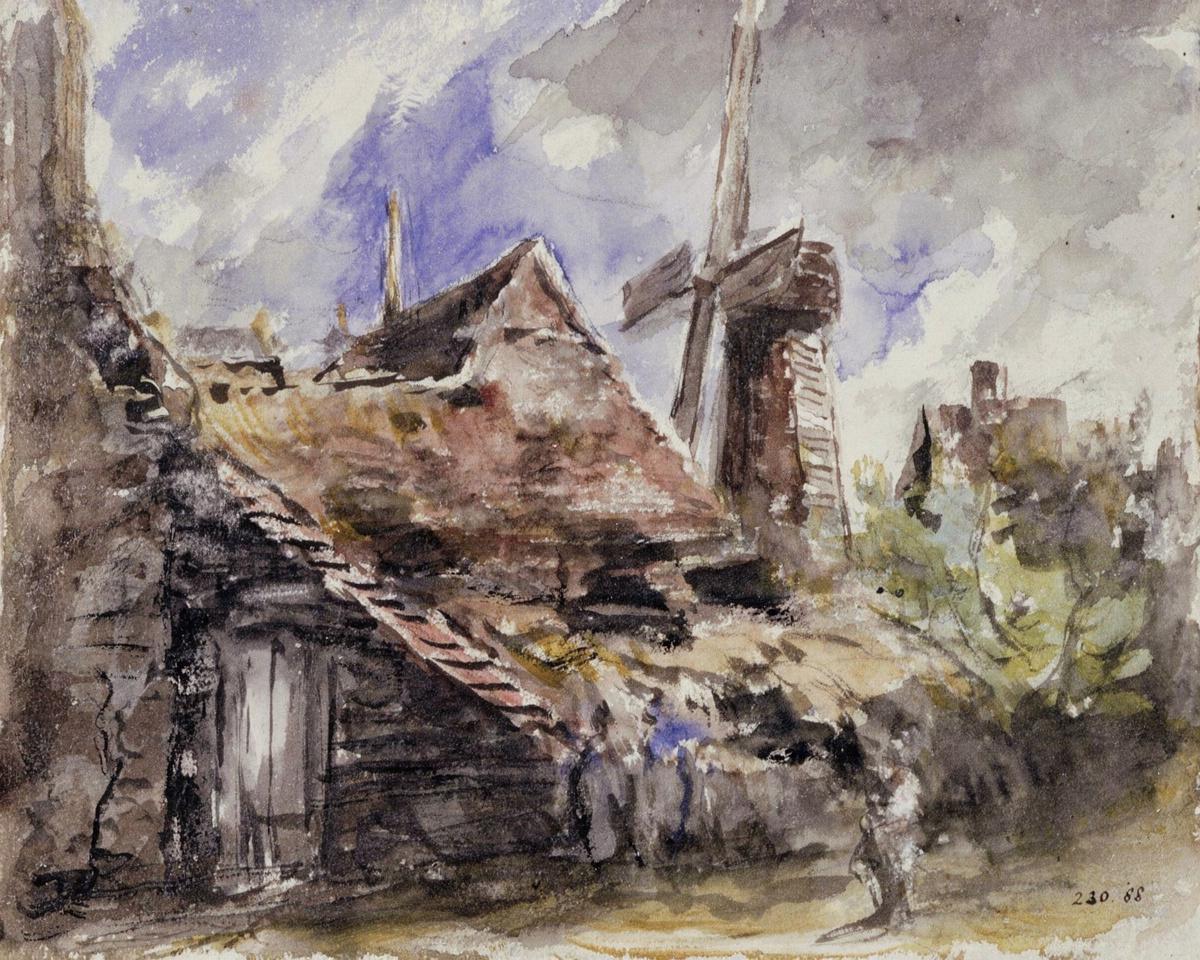A village street with a shed, cottages and windmill by Constable, John — archival fine-art print from Fable