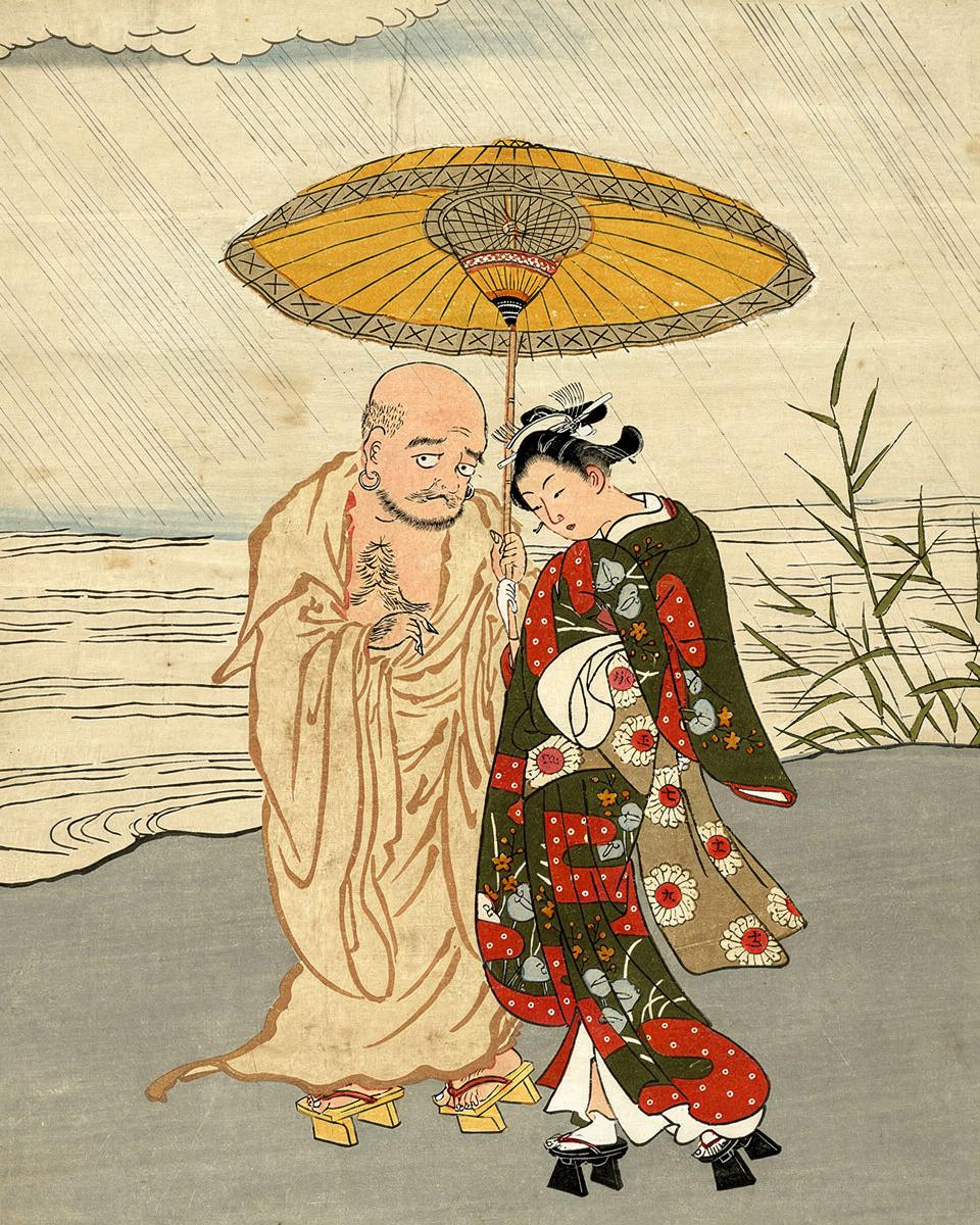 Daruma and a young woman in the rain by Suzuki Harunobu 鈴木 春信
Japanese, 1725 (?)-1770 — archival fine-art print from Fable