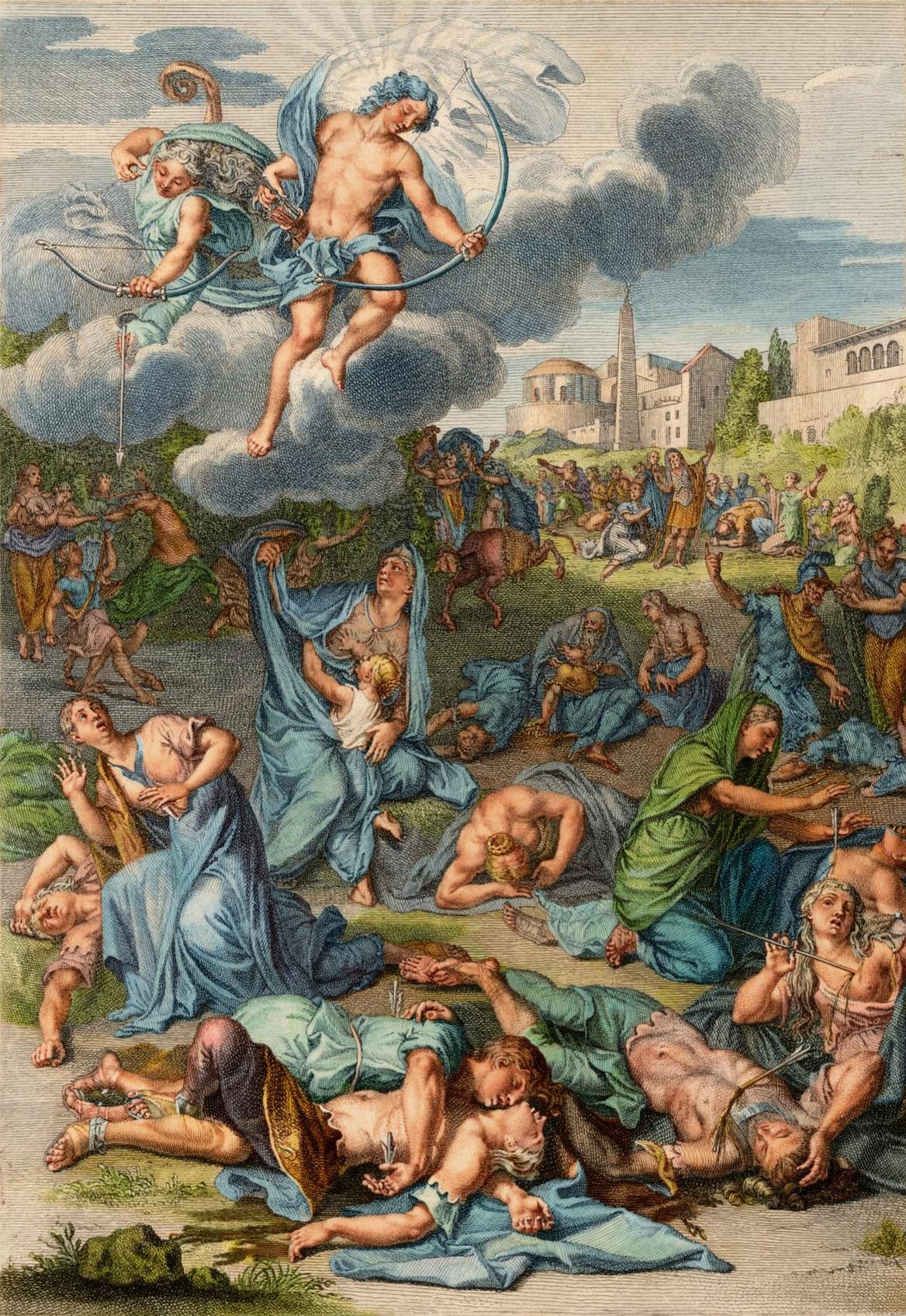 Niobe Turned to Stone by Bernard Picart and other engravers, Le Temple des Muses (1749 edition) — archival fine-art print from Fable