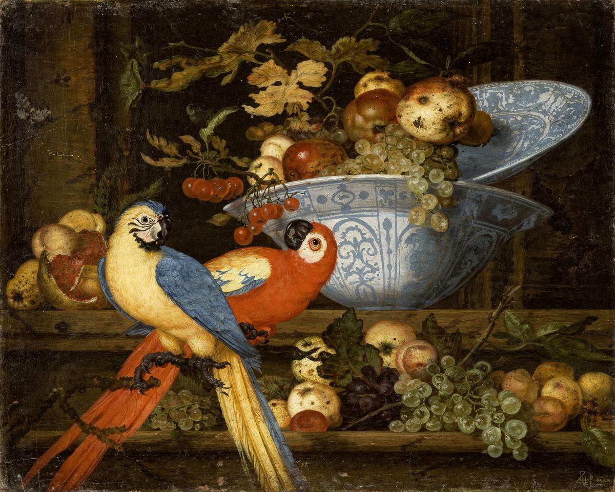 Fruit Still Life with Two Parrots — archival fine-art print from Fable