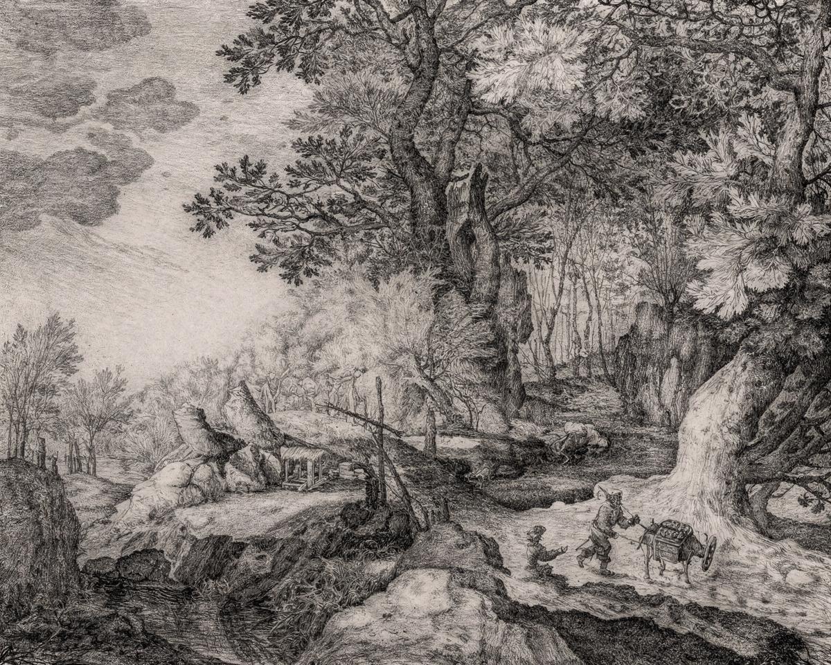 Waldlandschaft mit Holzbrücke und Eseltreiber by #Anonym_Künstler_in — archival fine-art print from Fable