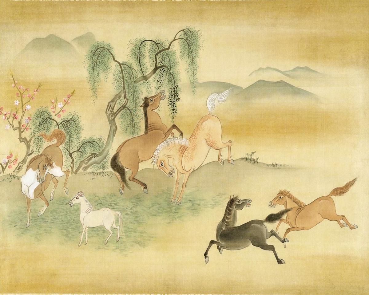 Six Horses in a Field with Peach and Willow Trees by Kano Yasunobu — archival fine-art print from Fable