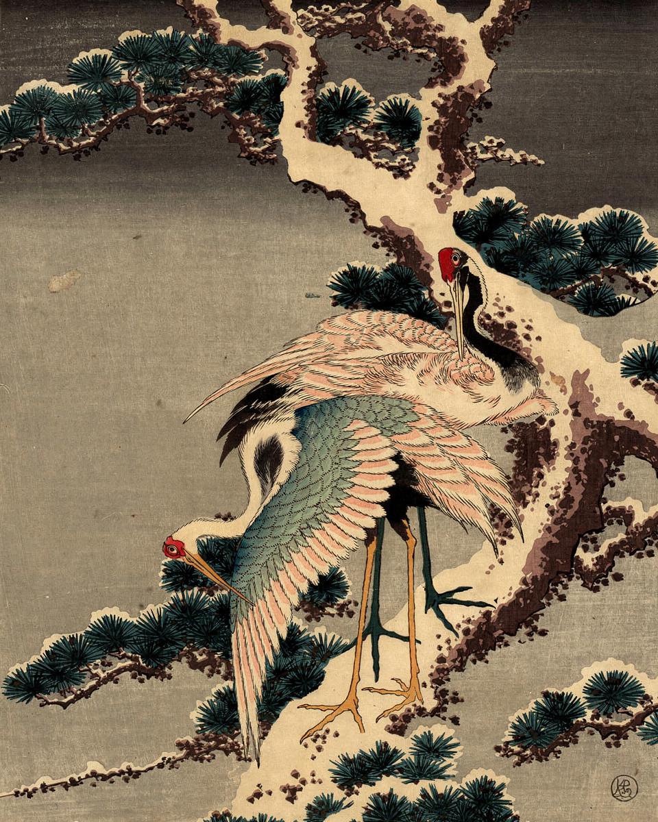 Cranes on Branch of Snow-covered Pine by Katsushika Hokusai — archival fine-art print from Fable