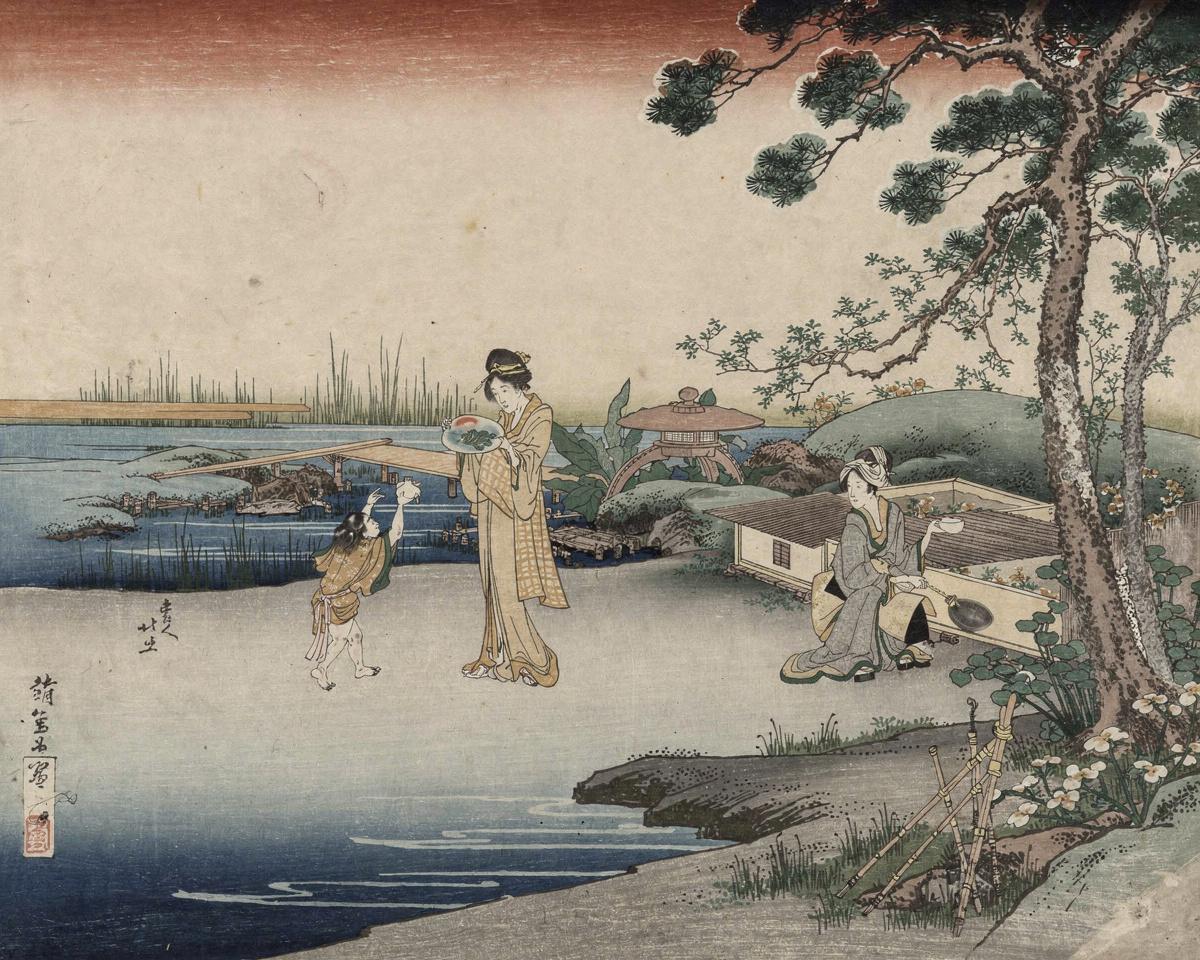 Two Women and a Child Beside a Goldfish Tank by Katsushika Hokusai — archival fine-art print from Fable