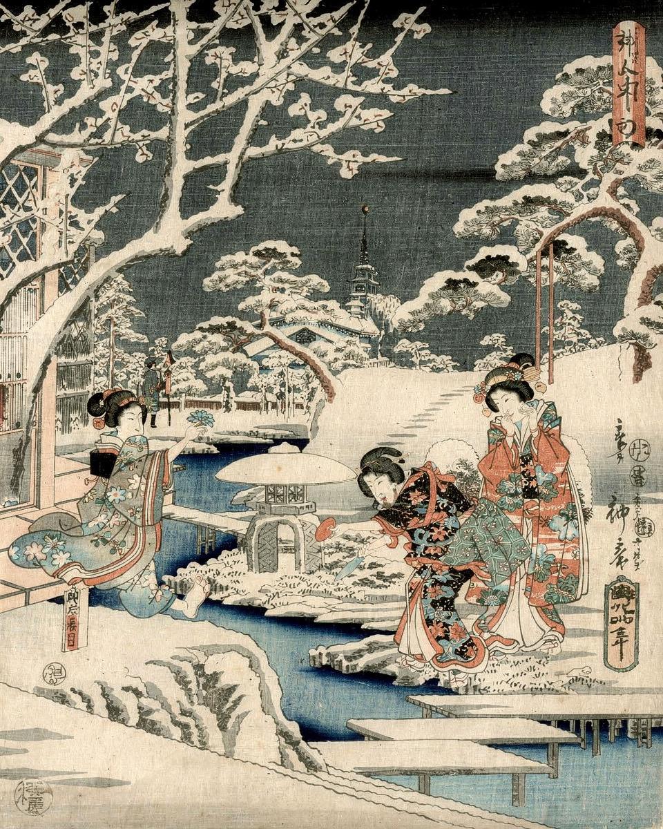 The Snowy Garden by Utagawa Hiroshige (Japanese, 1797–1858), Utagawa Kunisada — archival fine-art print from Fable