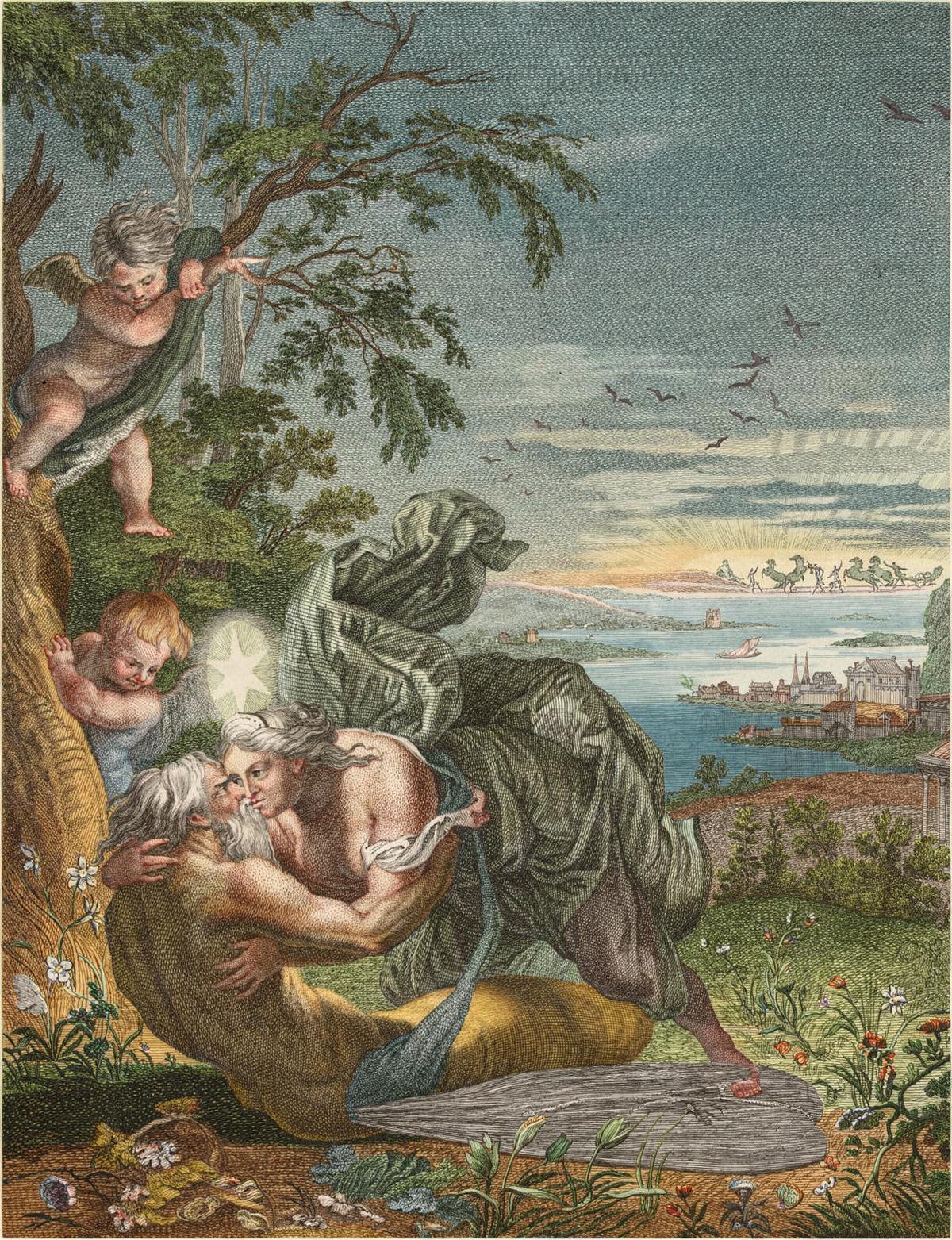 Tithonus and Aurora by Bernard Picart and other engravers, Le Temple des Muses (1749 edition) — archival fine-art print from Fable