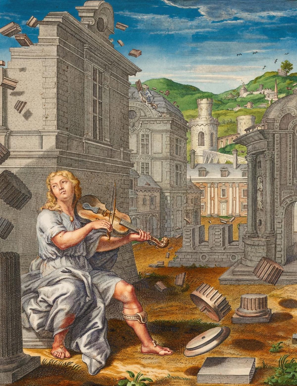 Amphion Builds the Walls of Thebes by Bernard Picart and other engravers, Le Temple des Muses (1749 edition) — archival fine-art print from Fable