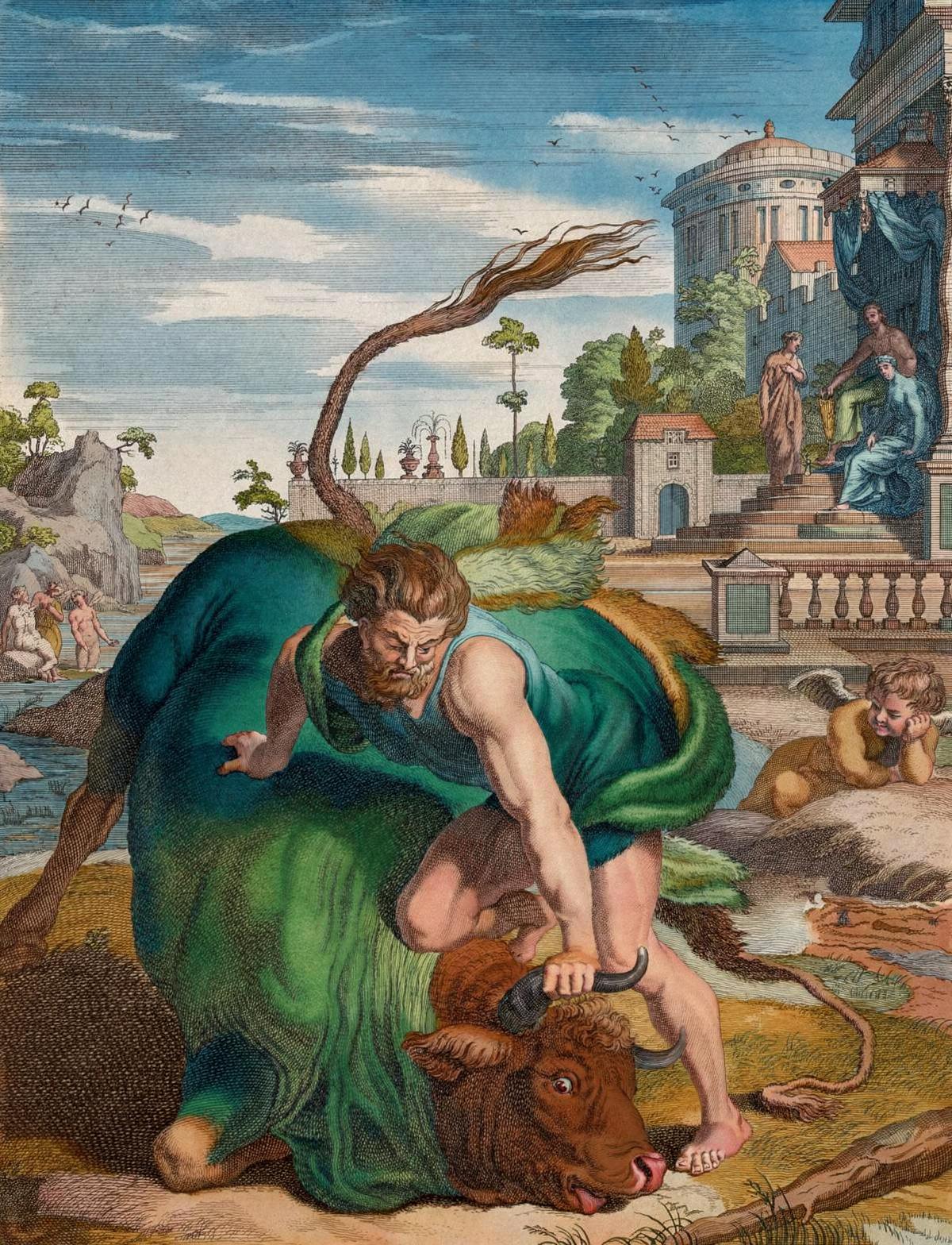Hercules and Achelous by Bernard Picart and other engravers, Le Temple des Muses (1749 edition) — archival fine-art print from Fable