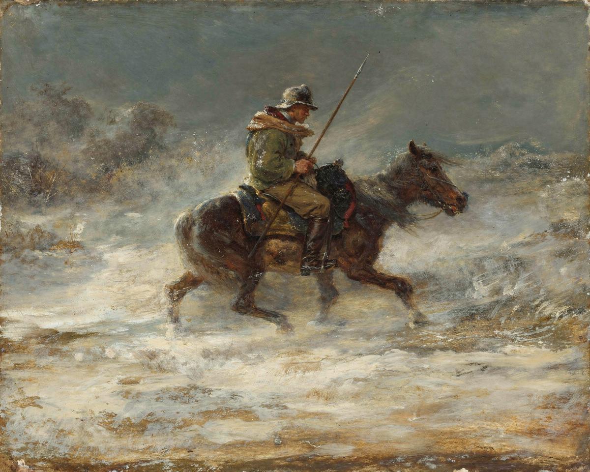 Man with Lance Riding through the Snow by Adolphe Schreyer — archival fine-art print from Fable