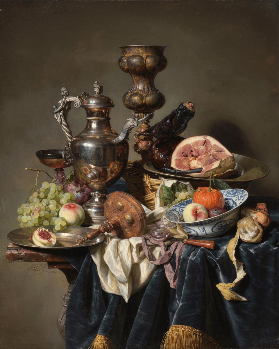 Silver Wine Jug, Ham, and Fruit by Abraham van Beyeren — archival fine-art print from Fable