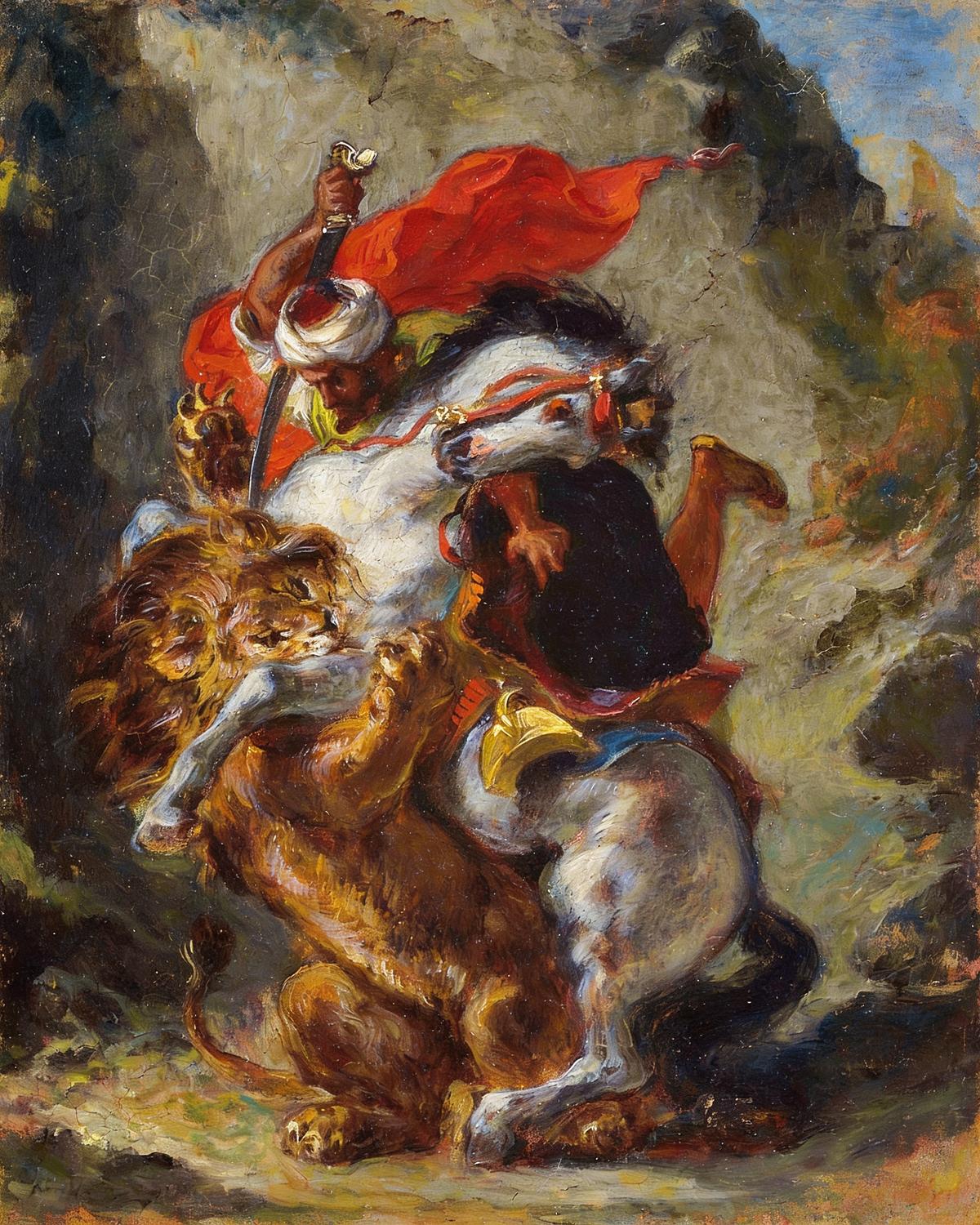 Arab Horseman Attacked by a Lion by Eugène Delacroix — archival fine-art print from Fable