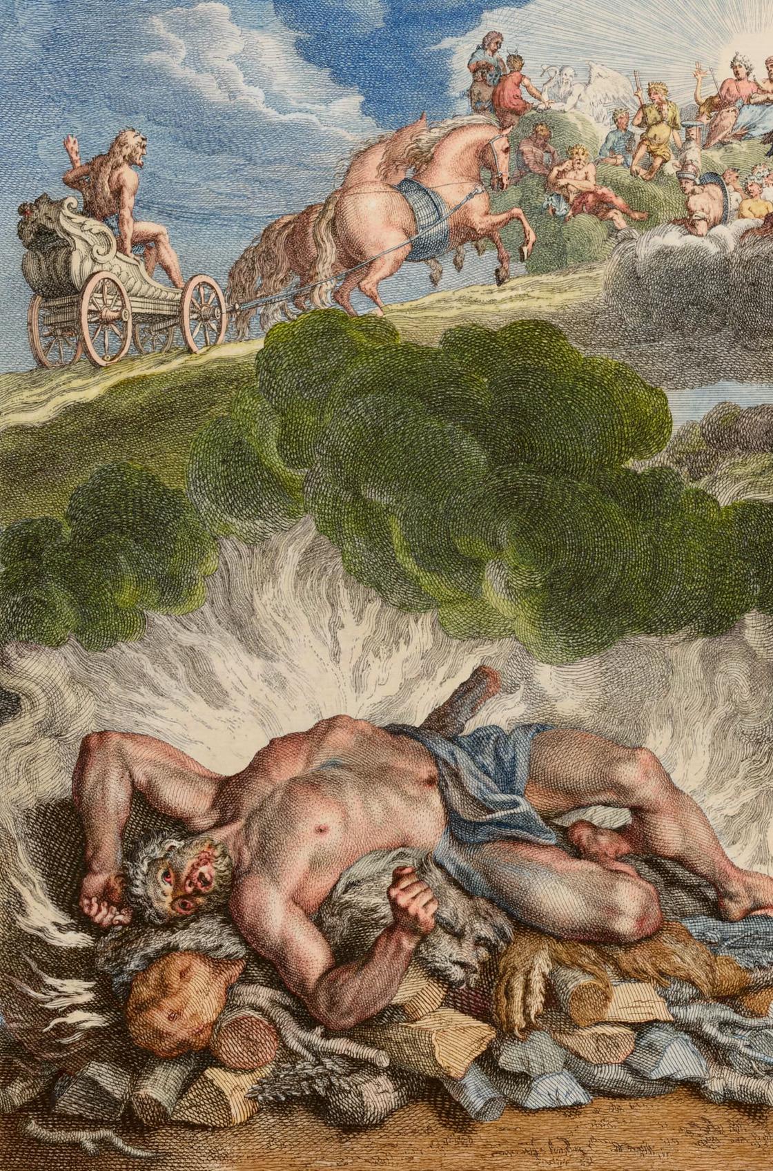 The Death of Hercules by Bernard Picart and other engravers, Le Temple des Muses (1749 edition) — archival fine-art print from Fable