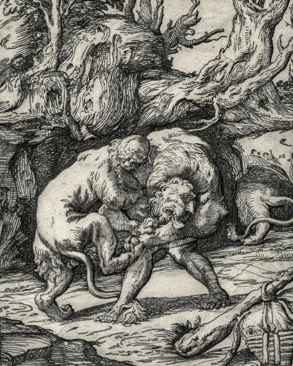 Hercules Strangling the Lion of Nimes by Joseph Nicolas Vicentini — archival fine-art print from Fable