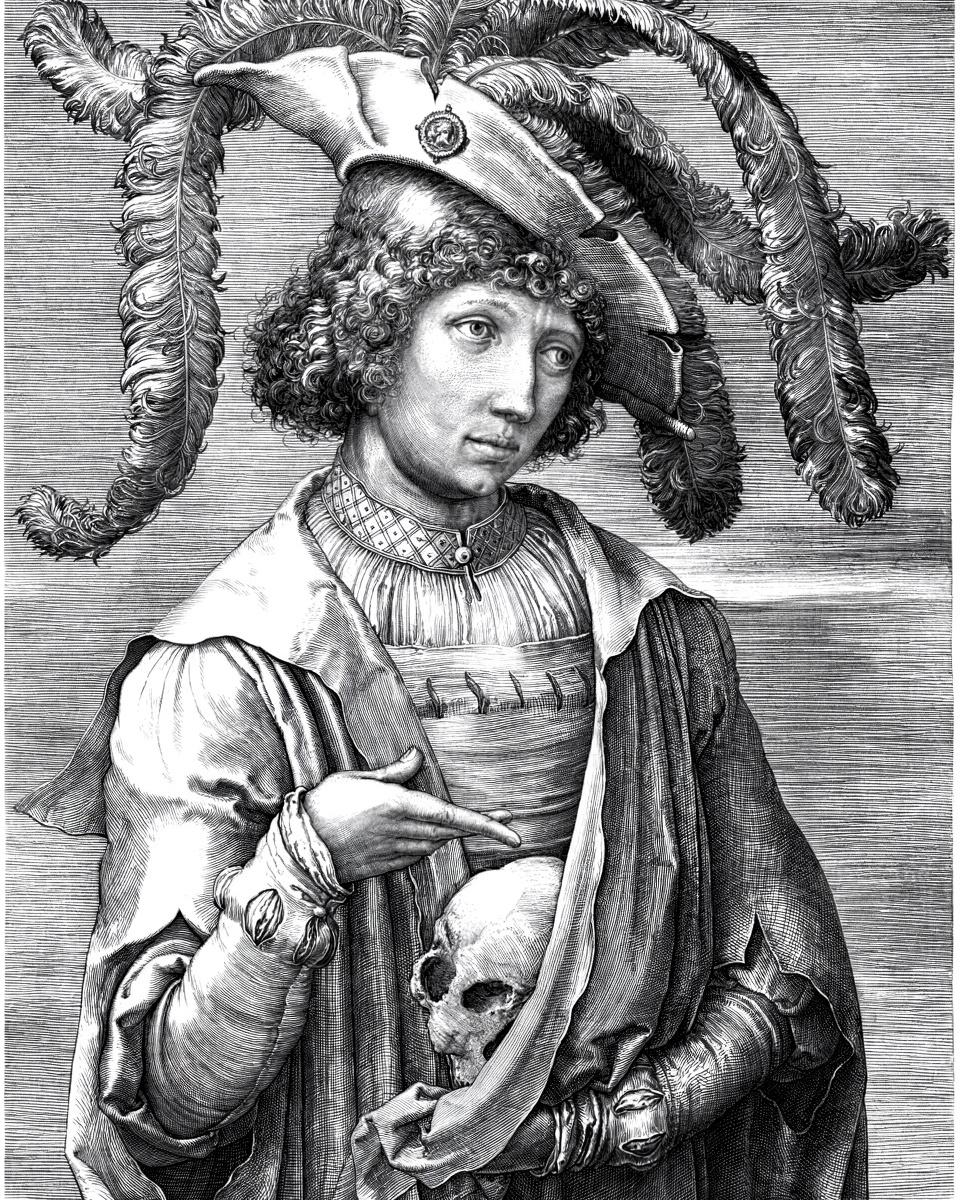 Portrait of a Young Man with a Skull by Lucas van Leyden (Netherlandish, 1494–about 1533) — archival fine-art print from Fable