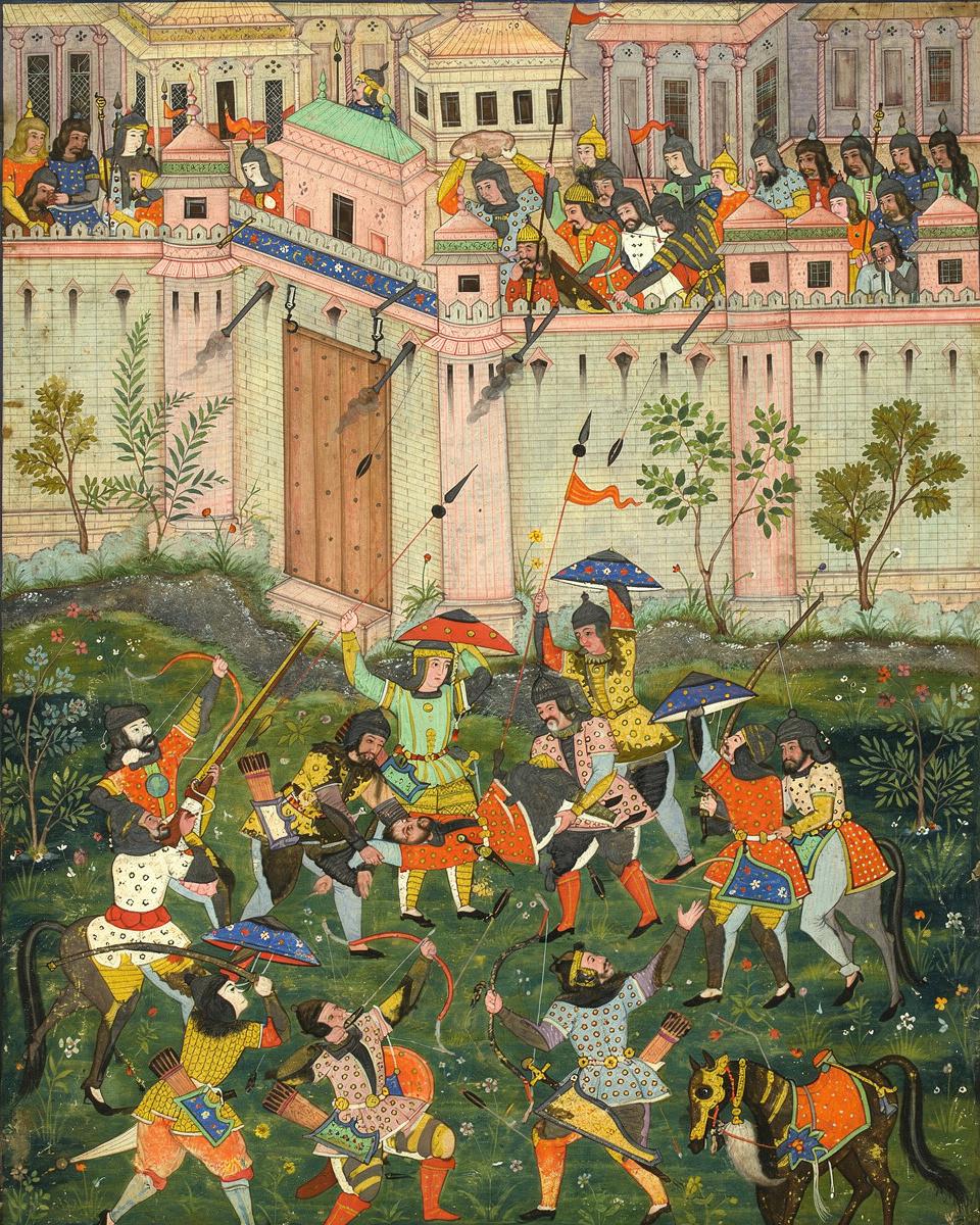 The Attack on Qalat by India
Designed by Kanha (fl. c.1580-early 1590s), painted by Mansur — archival fine-art print from Fable