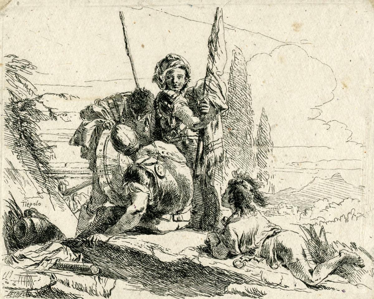 Three Soldiers and a Boy, from the Vari Capricci by Tiepolo, Giovanni Battista — archival fine-art print from Fable