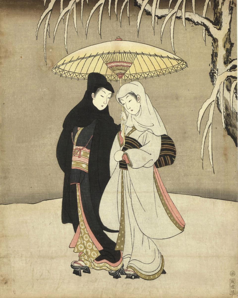 Lovers Beneath an Umbrella in the Snow by Suzuki Harunobu 鈴木 春信 
Japanese, 1725 (?)-1770 — archival fine-art print from Fable