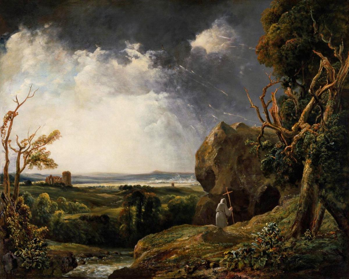 Landscape with Lightning and a Hermit by De Wint, Peter — archival fine-art print from Fable