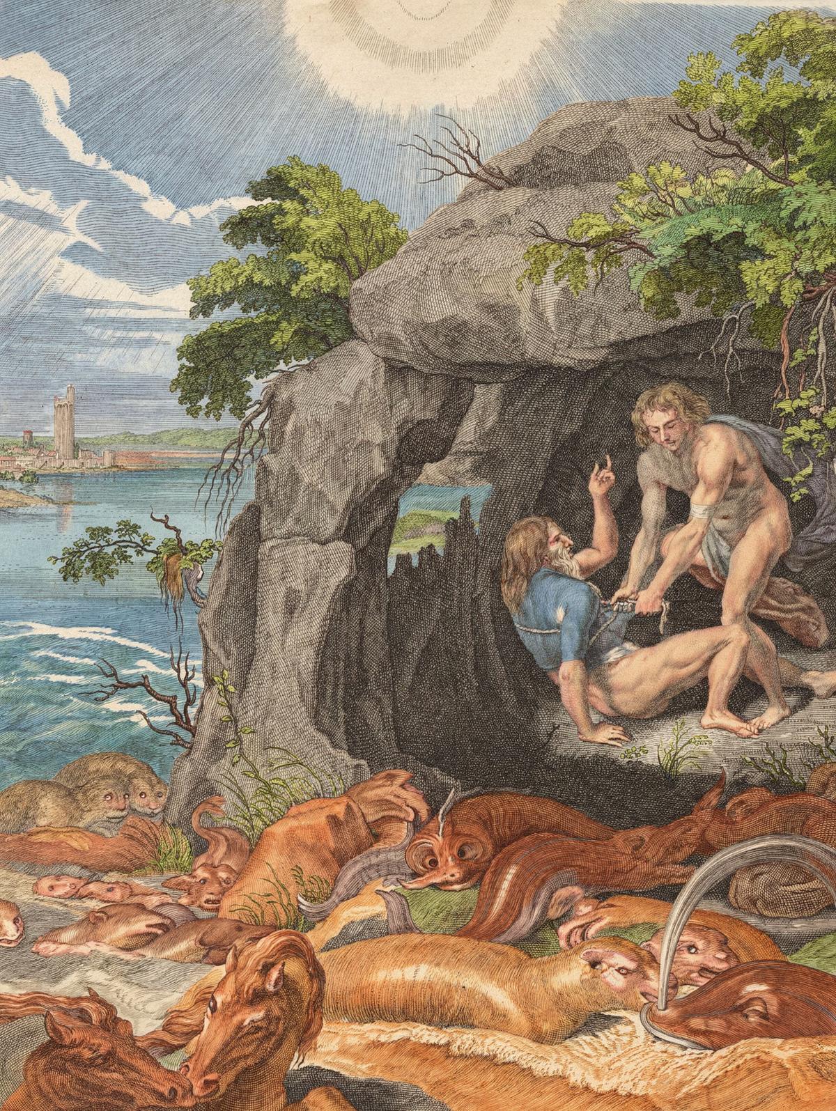 Aristaeus and Proteus by Bernard Picart and other engravers, Le Temple des Muses (1749 edition) — archival fine-art print from Fable