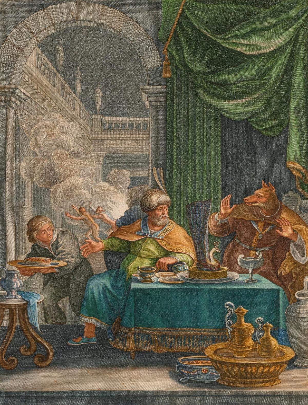 Lycaon Transformed into a Wolf by Bernard Picart and other engravers, Le Temple des Muses (1749 edition) — archival fine-art print from Fable