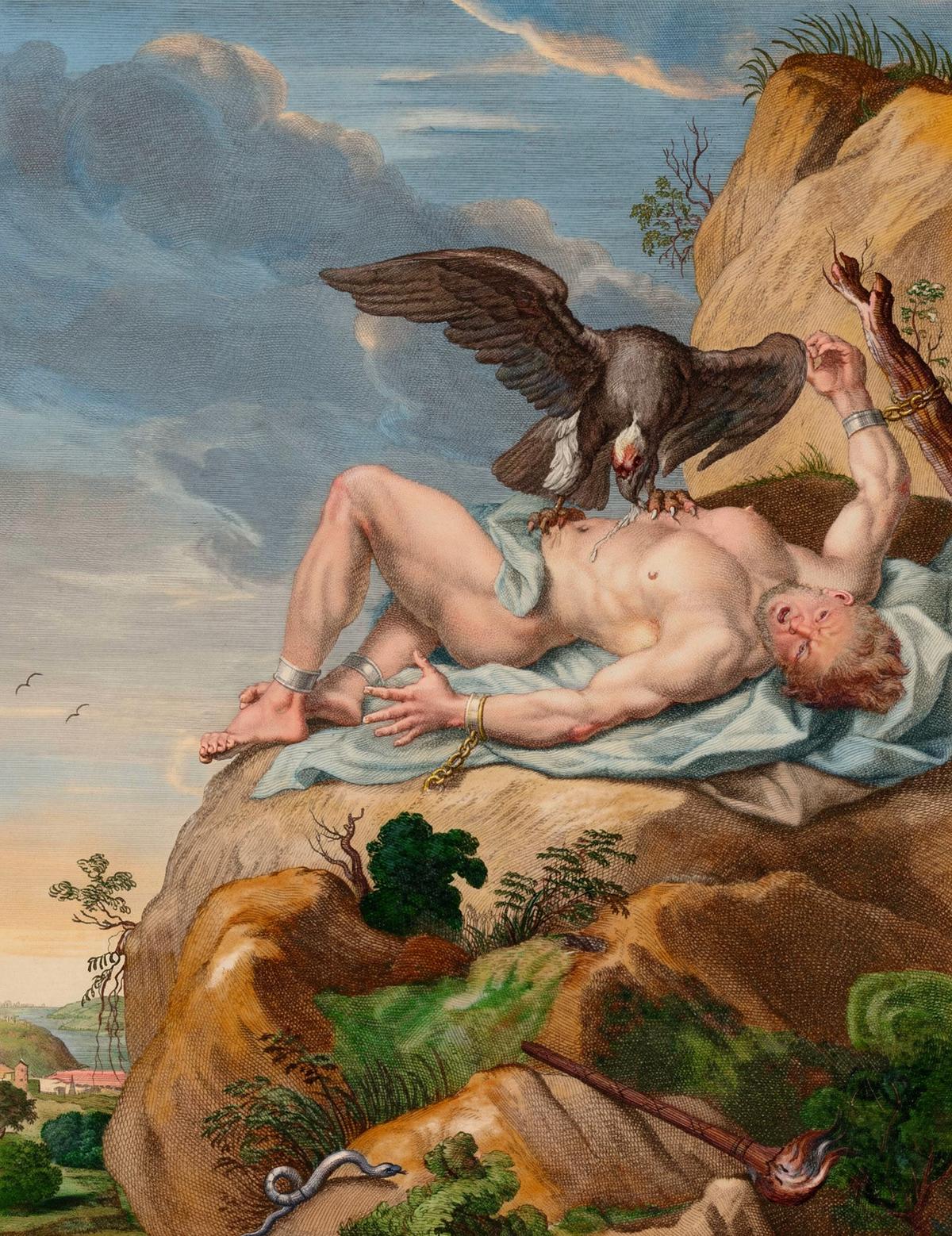 Prometheus Tormented by a Vulture by Bernard Picart and other engravers, Le Temple des Muses (1749 edition) — archival fine-art print from Fable