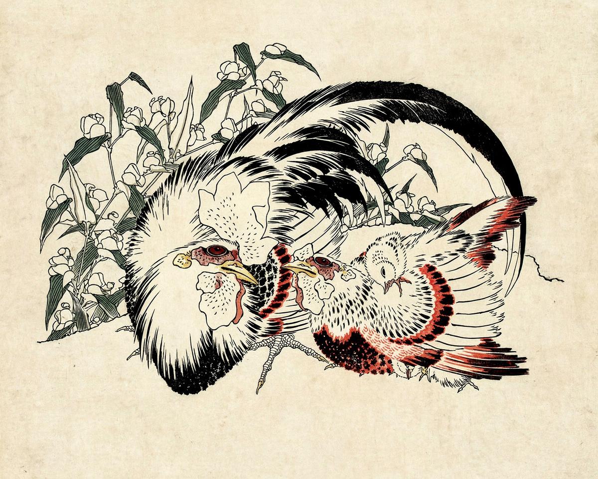 Chickens and Asiatic Dayflowers by Katsushika Hokusai — archival fine-art print from Fable