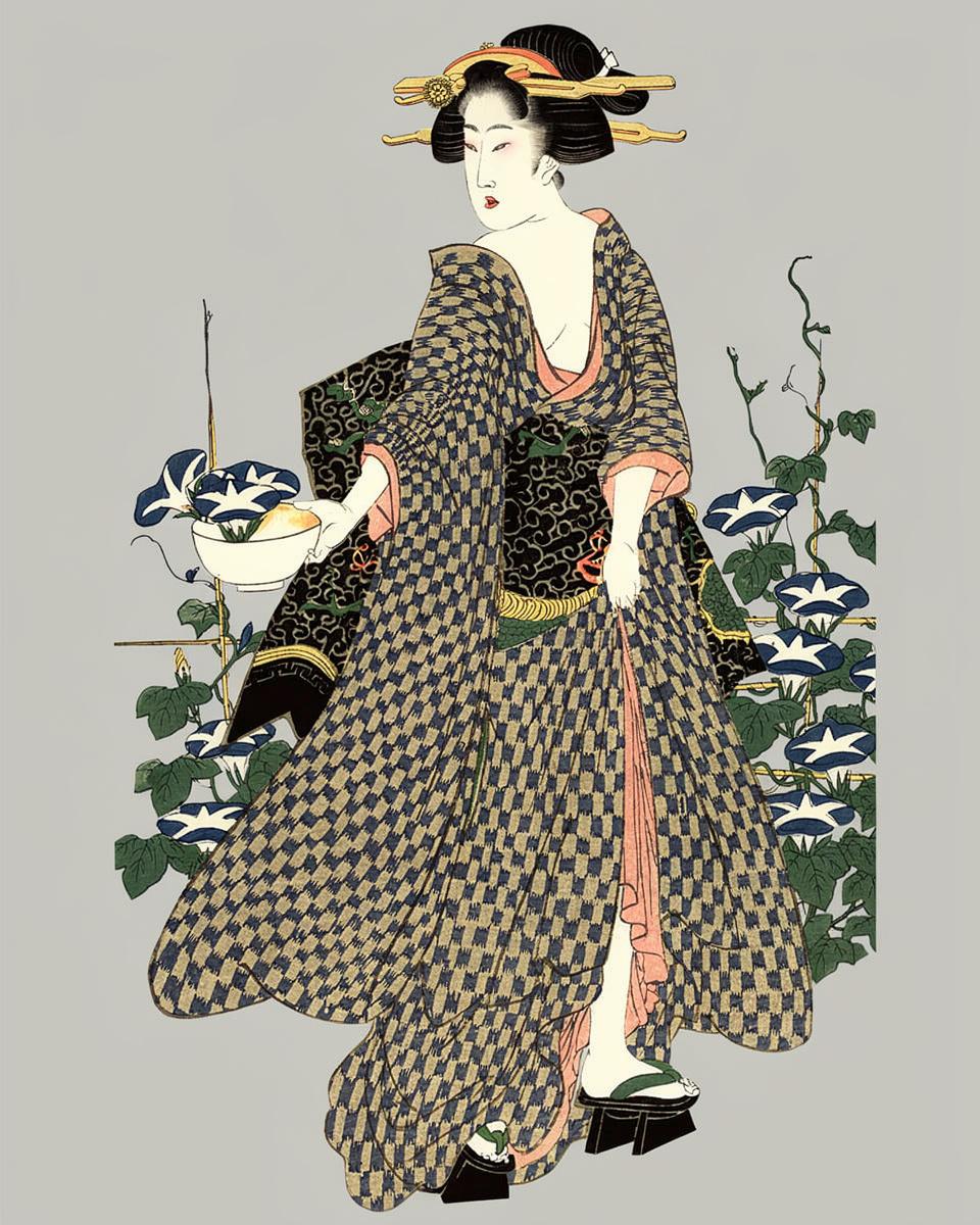 Beauty standing beside morning glories by Kikukawa Eizan
Japanese, 1787-1867 — archival fine-art print from Fable