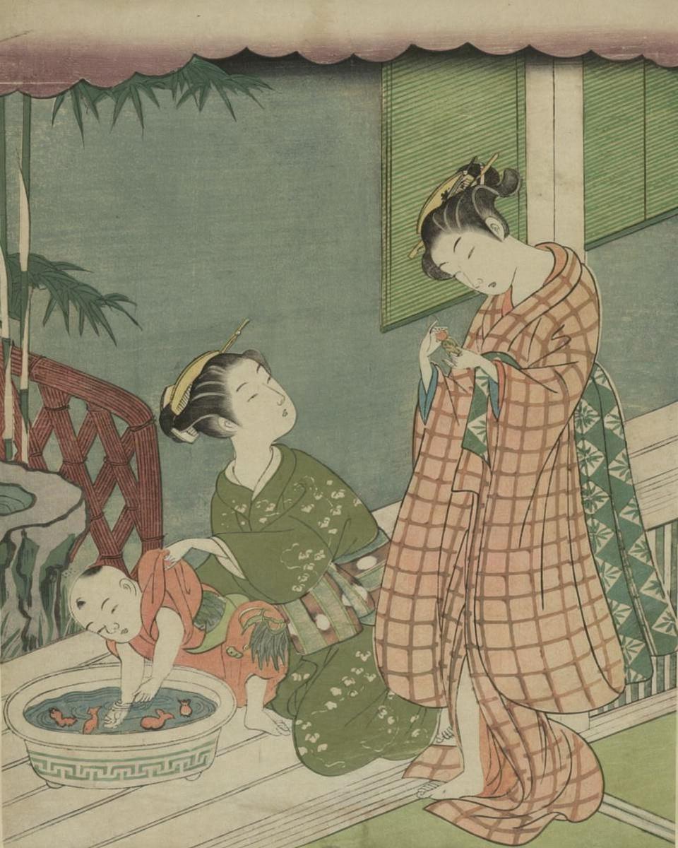 Two Girls and Small Boy with Fishbowl by Suzuki Harunobu 鈴木春信 — archival fine-art print from Fable