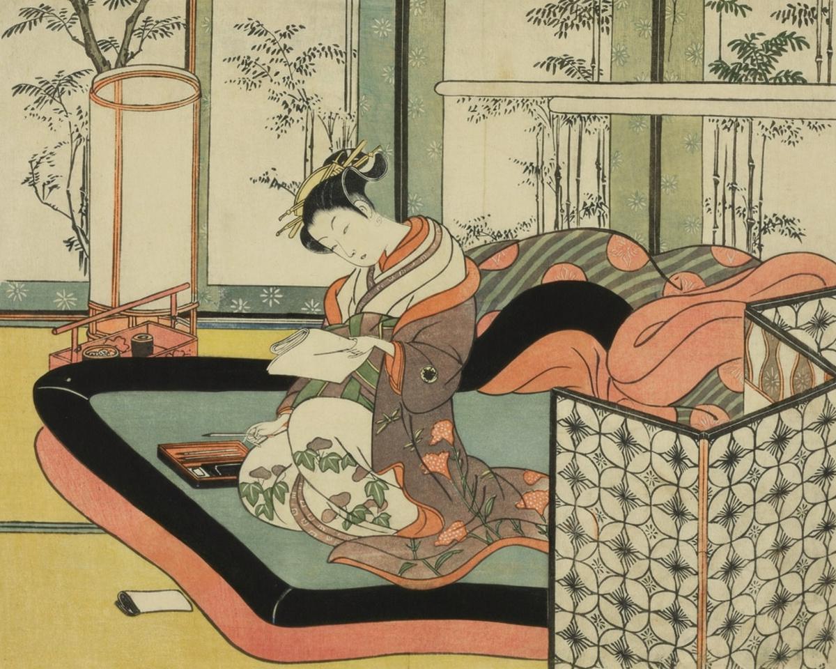 Writing a Love Letter in Bed by Suzuki Harunobu 鈴木春信 — archival fine-art print from Fable