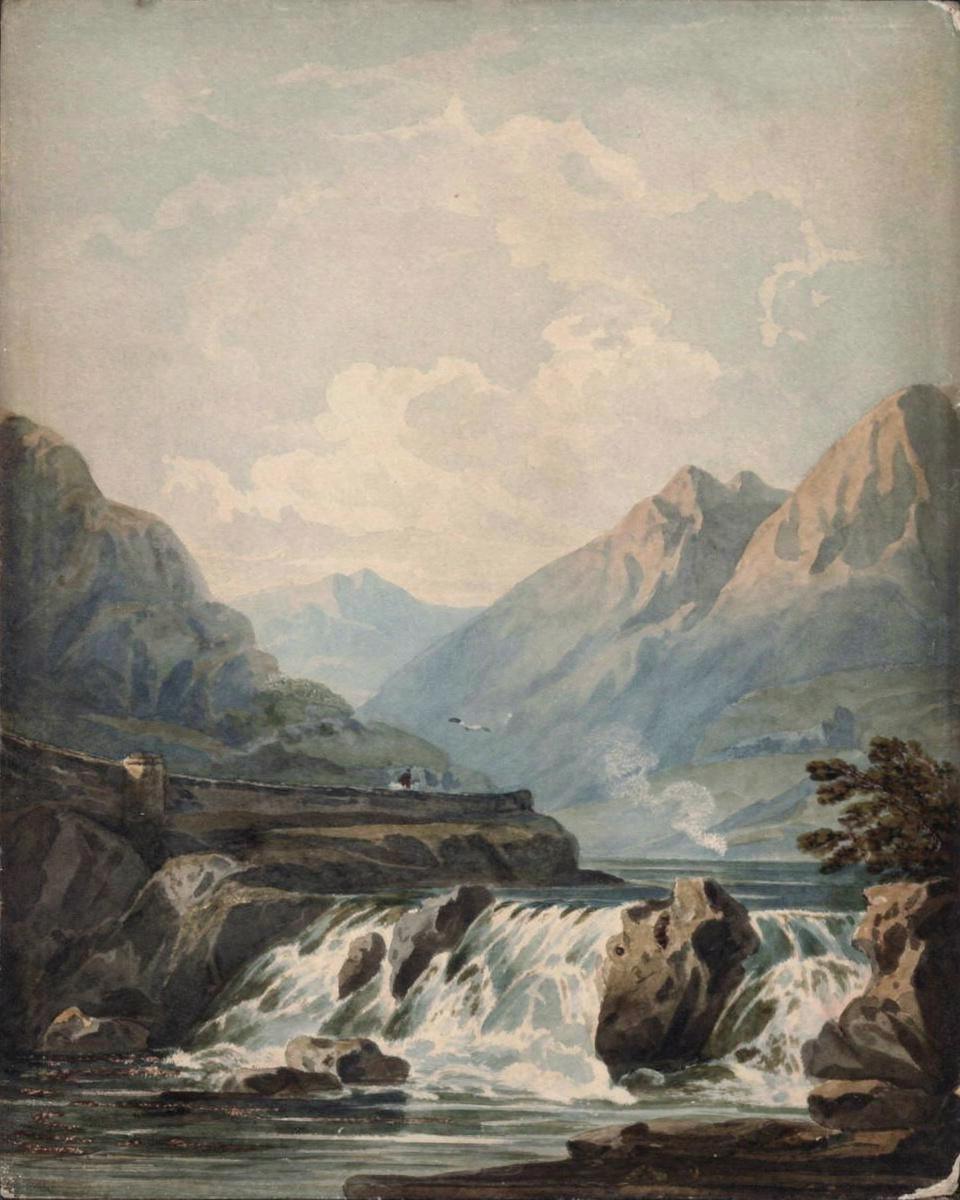 Landscape with mountains and waterfall by Varley, John — archival fine-art print from Fable
