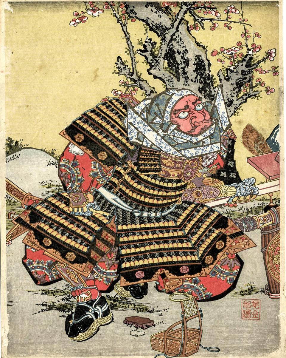 Musashibo Benkei Kneeling by a Plum Tree by Utagawa Kunisada — archival fine-art print from Fable
