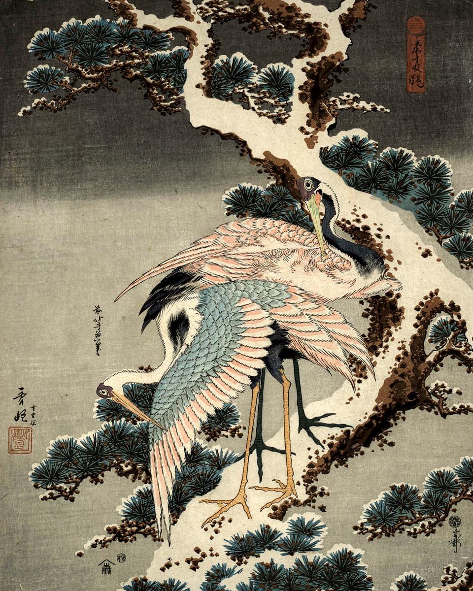 Cranes on snow-covered pine by Katsushika Hokusai 葛飾 北斎
Japanese, 1760-1849 — archival fine-art print from Fable