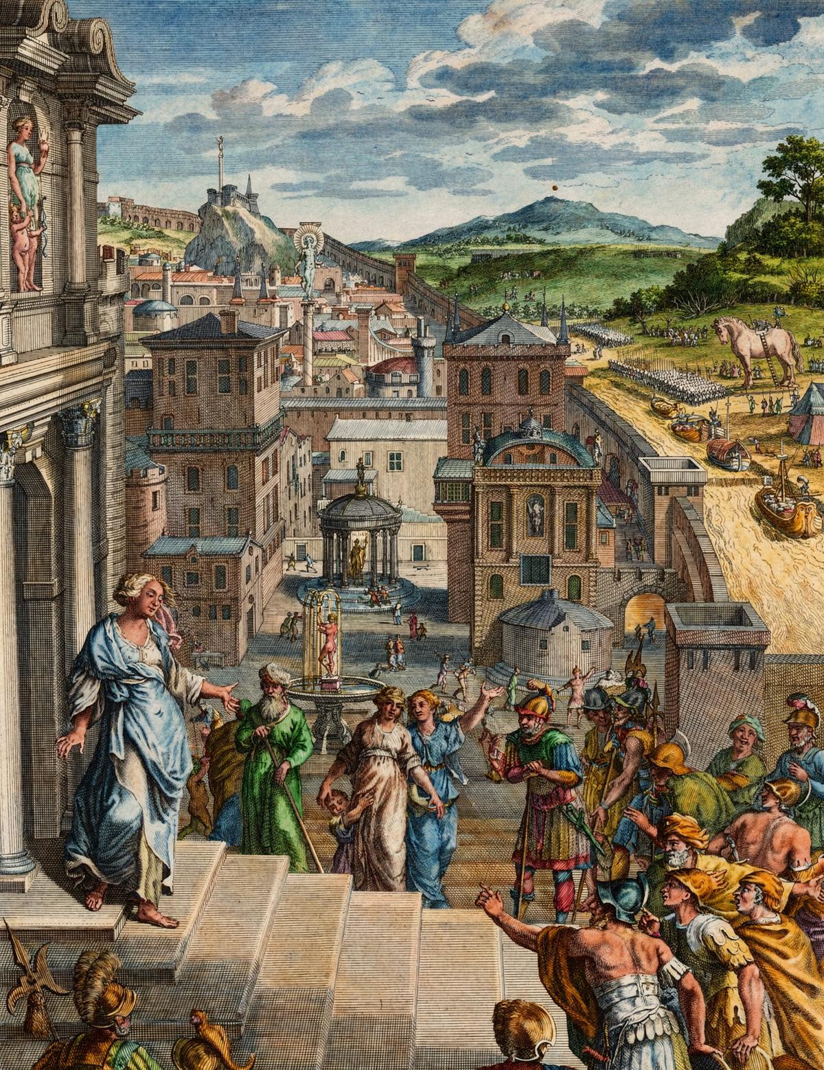 Cassandra’s Unheeded Prophecy by Bernard Picart and other engravers, Le Temple des Muses (1749 edition) — archival fine-art print from Fable