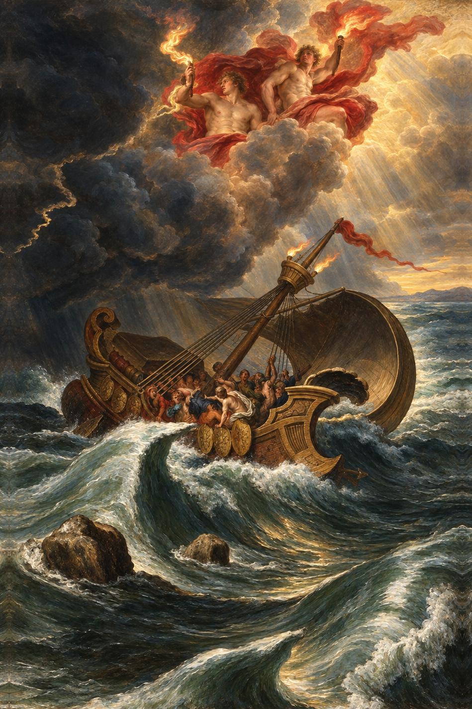 The Dioscuri, Protectors of Mariners by Bernard Picart and other engravers, Le Temple des Muses (1749 edition) — archival fine-art print from Fable