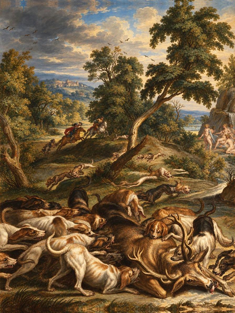 Actaeon Transformed into a Stag by Bernard Picart and other engravers, Le Temple des Muses (1749 edition) — archival fine-art print from Fable