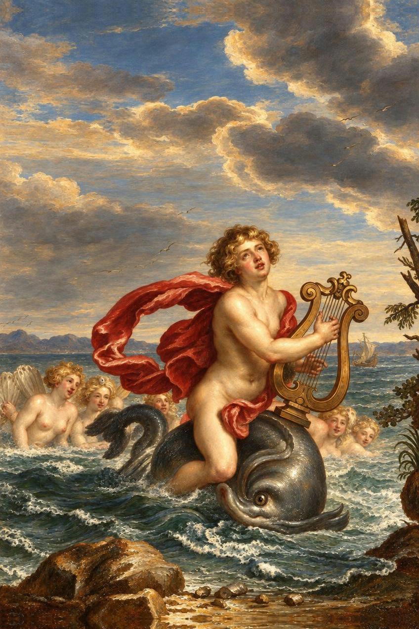 Arion Saved by a Dolphin by Bernard Picart and other engravers, Le Temple des Muses (1749 edition) — archival fine-art print from Fable