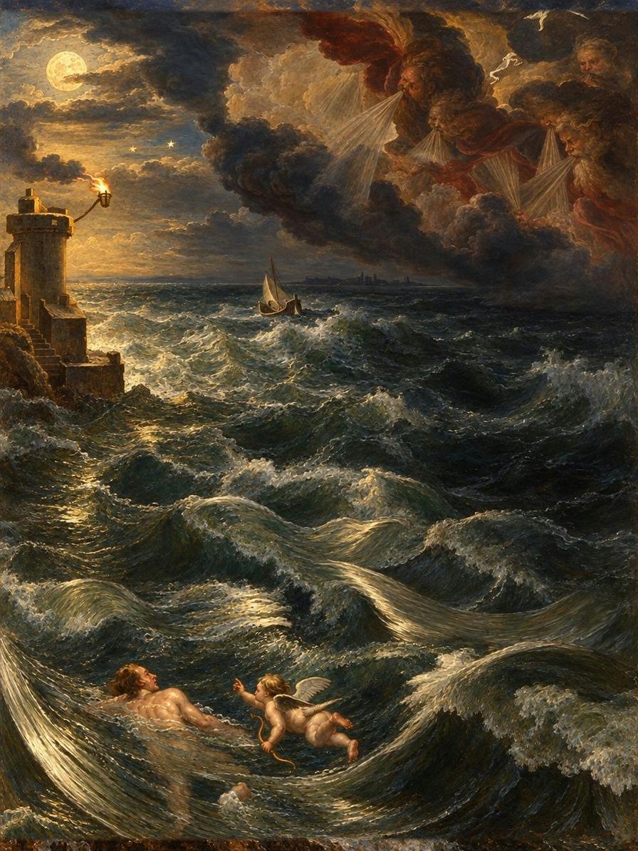 Leander Crosses the Hellespont by Bernard Picart and other engravers, Le Temple des Muses (1749 edition) — archival fine-art print from Fable